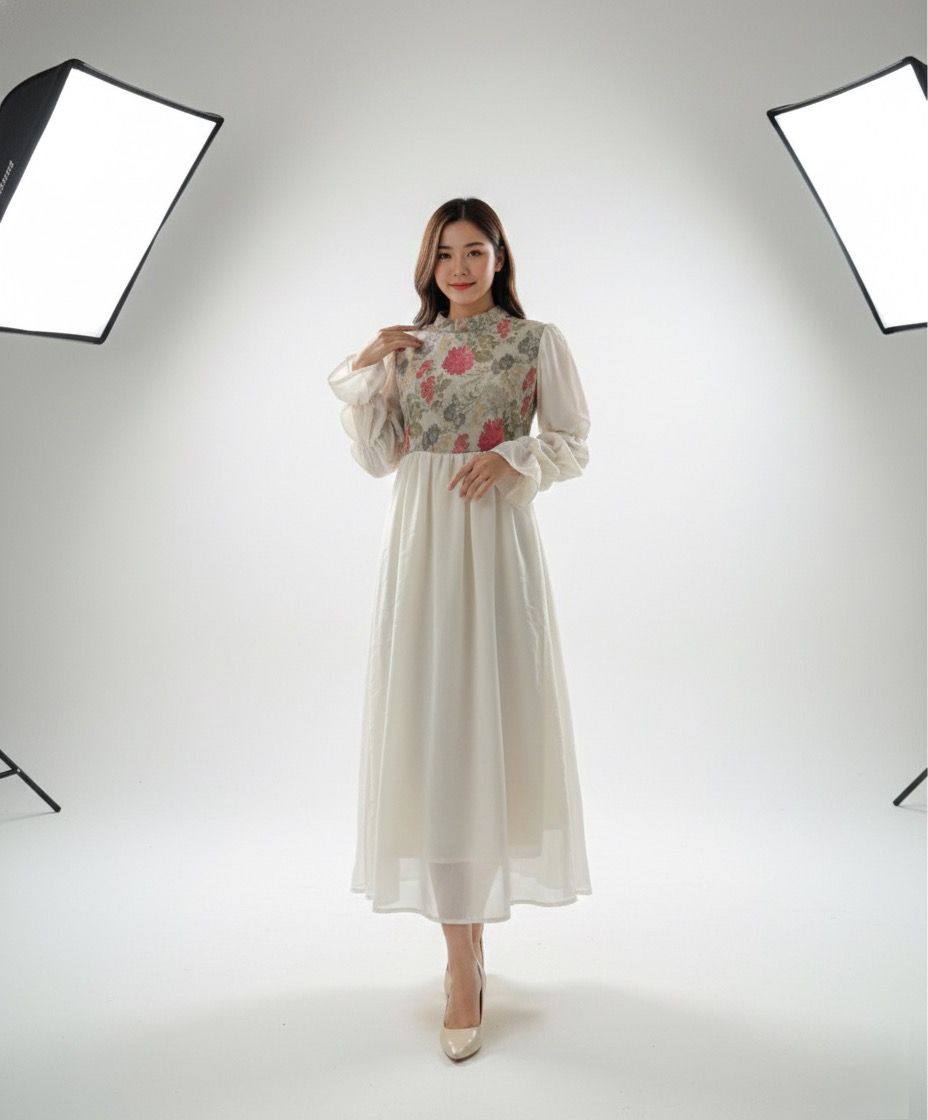 🌸 Elegant Ivory Maxi Dress with Floral Bodice