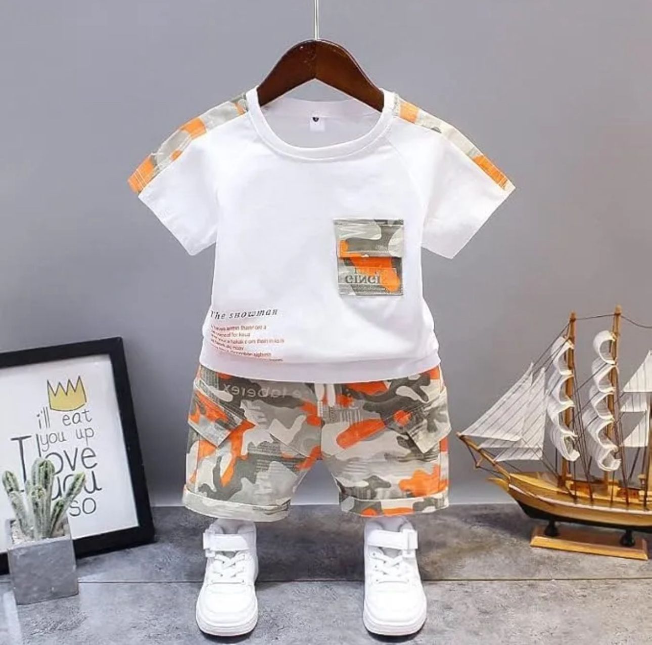 Boys' 2-Piece Summer Camo Set – White Crewneck T-Shirt & Orange Camouflage Cargo Shorts