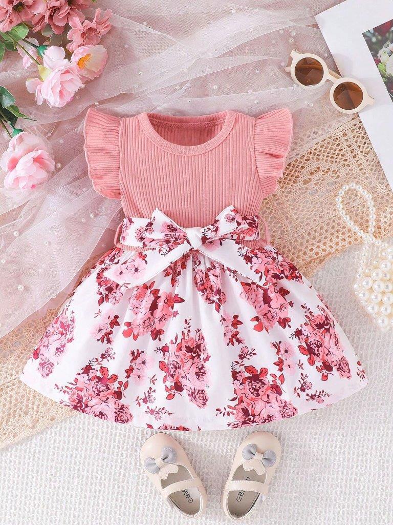 Baby Girl’s Premium Floral Print Ribbed Cotton Dress