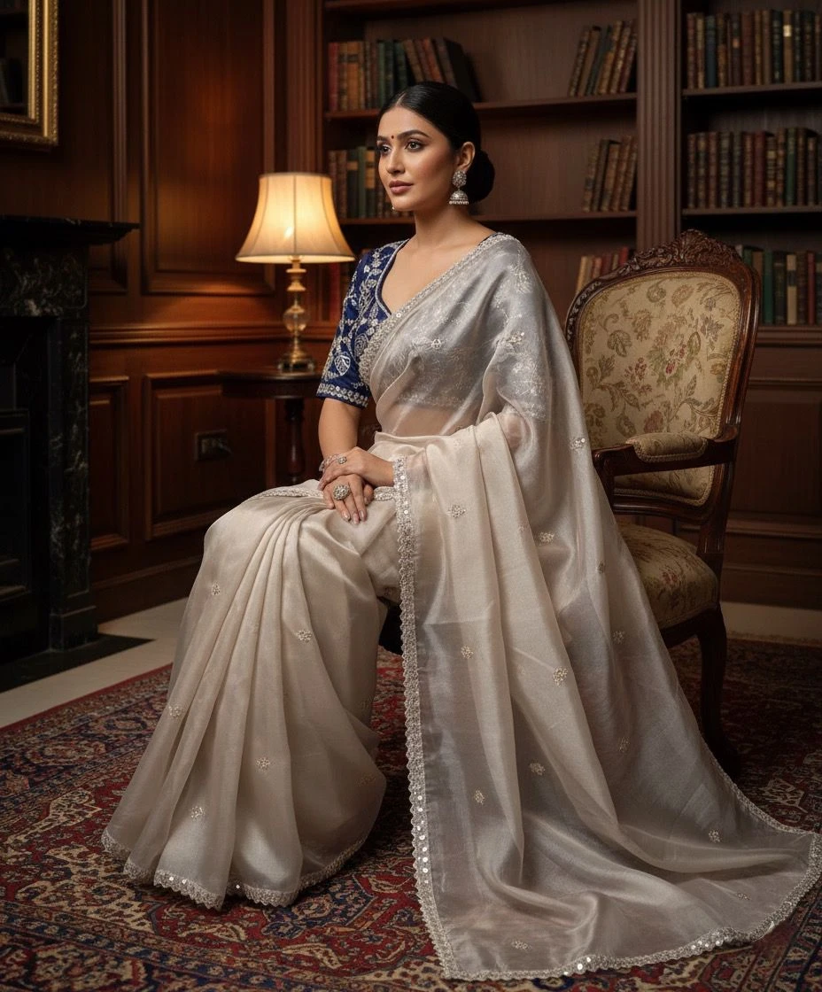Premium Embroidered Organza Saree – Metallic Silver & Royal Blue